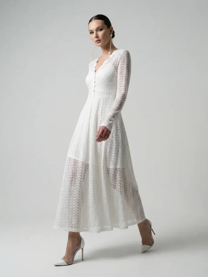 Платье из трикотажного кружева на подкладке с V-образным вырезом, белое OD-1017-2