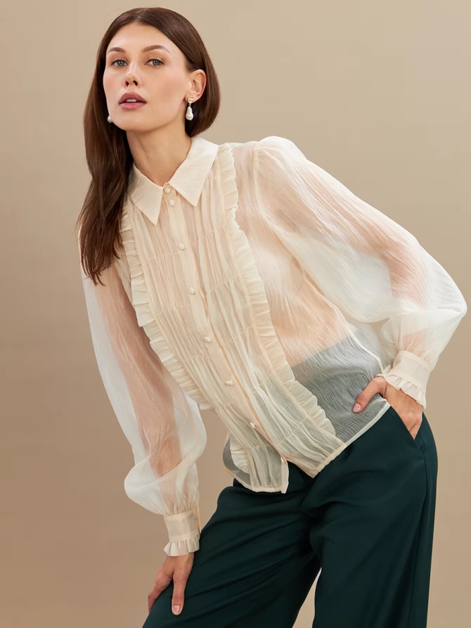 Блузка из органзы со сборкой OD-928-1 молочный