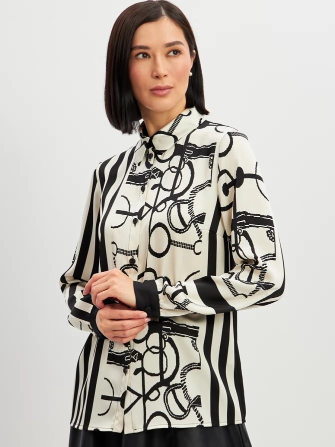 Блузка из атласной ткани  OD-887-1 черно-белая