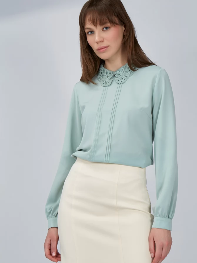 Блузка с кружевным воротником OD-861-5 светло-зеленый