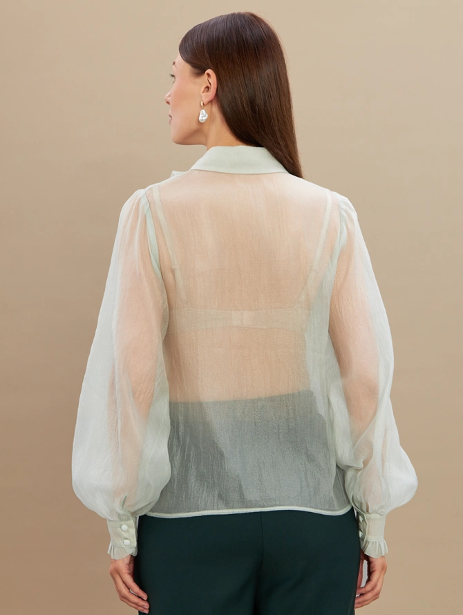 Блузка из органзы со сборкой OD-928-3 серо-зеленый