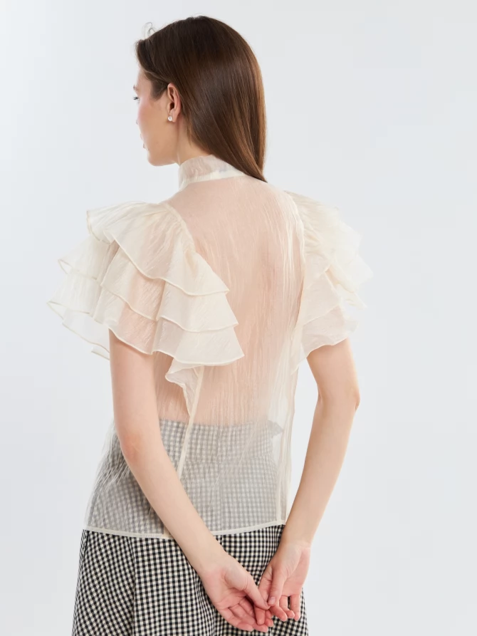 Блузка из органзы с рюшами и бантом OD-929-4 молочный