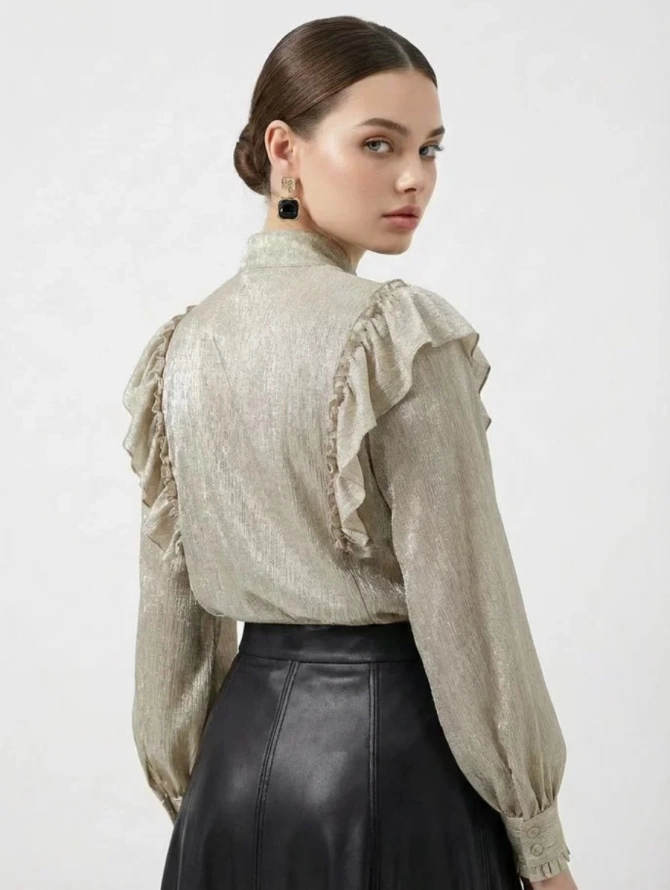 Блузка с рюшами и воротником-завязкой OD-988-2 бежевая