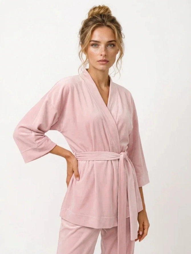 Пижама Кимоно+брюки из велюра, розовый