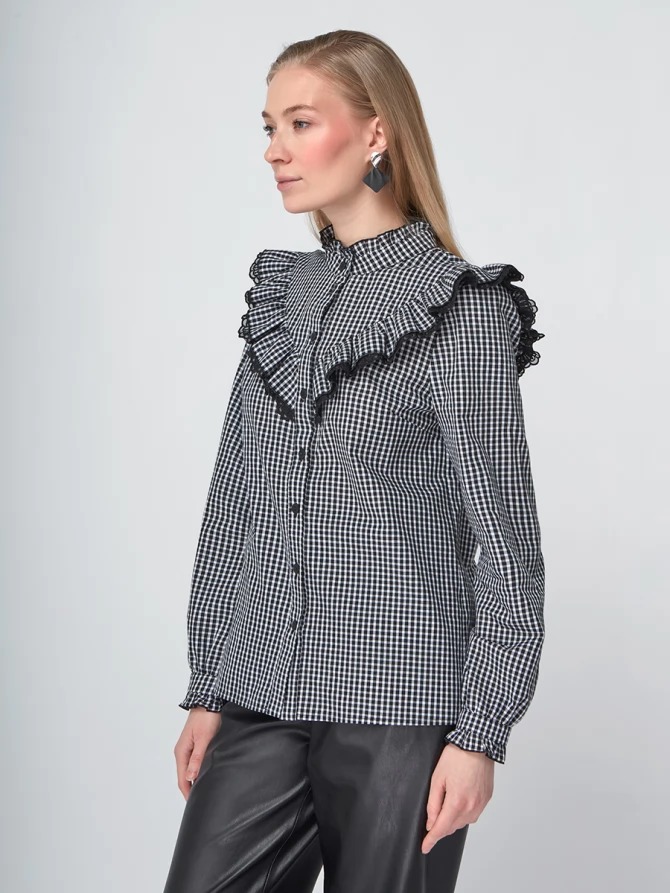 Блузка из хлопка с кружевом OD-896-1 ч/б клетка