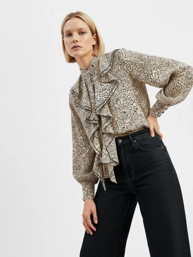 Блузка с отлетными рюшами OD-914-5 бежевый с черным