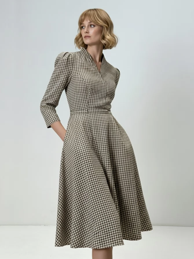 Платье с воротником стойка  OD-885-2 клетка сливочно-коричневая