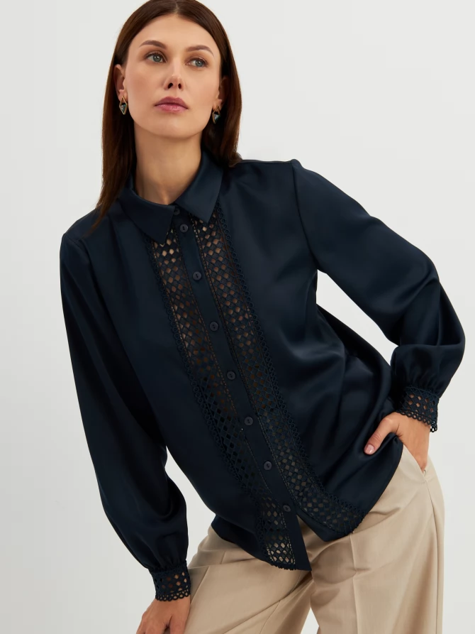 Блузка с кружевом OD-808-4 темно-синий