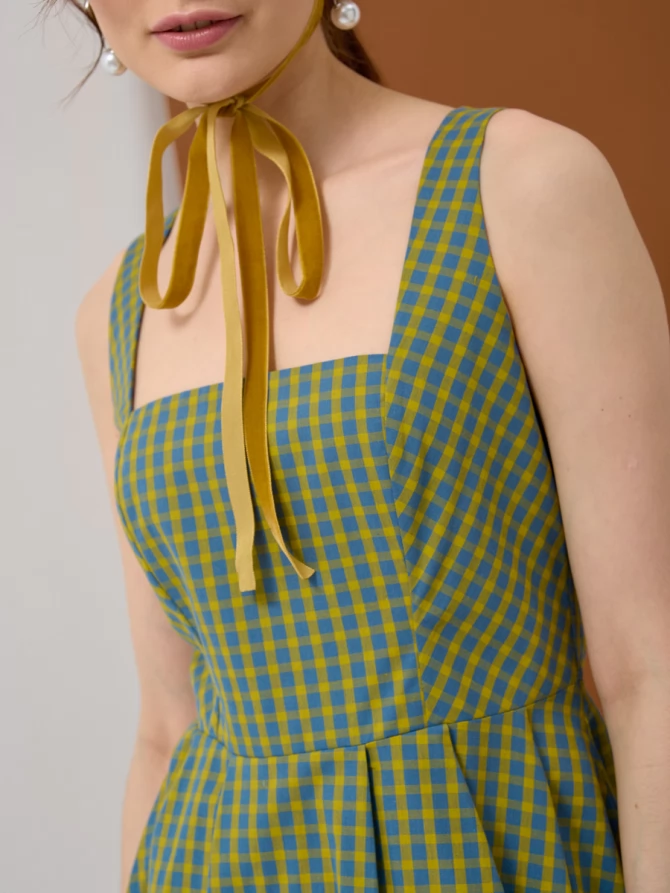 Платье хлопок OD-799-1 клетка желто-голубая