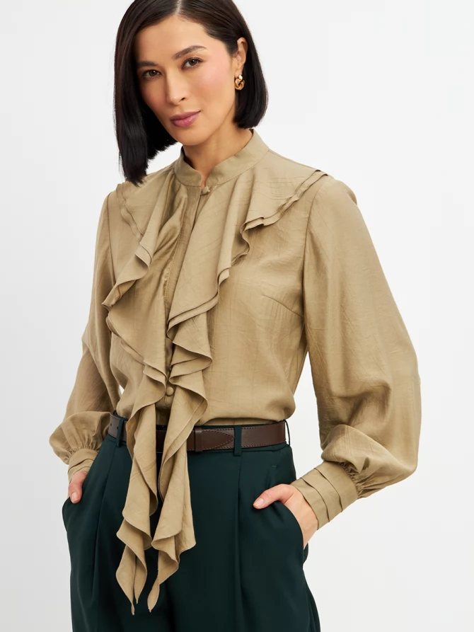 Блузкас отлетными рюшами OD-914-2 хаки