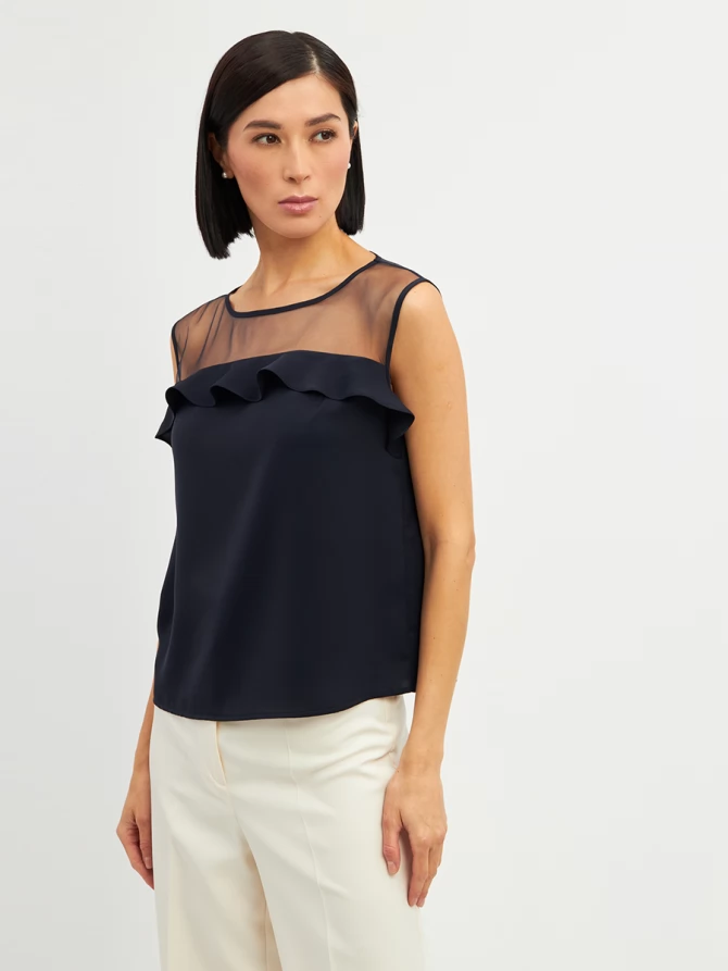 Блузка без рукавов с сеткой и воланом OD-992-2 т. синий