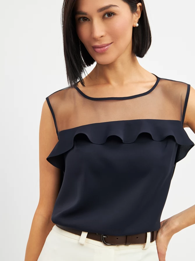 Блузка без рукавов с сеткой и воланом OD-992-2 т. синий