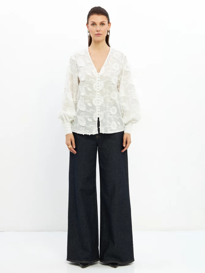 Блуза с обьемной вышивкой OD-987-1 белый ( обьемный цветок)