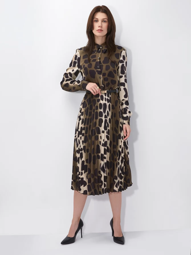 Платье с юбкой плиссе OD-883-1 леопард коричневый с хаки