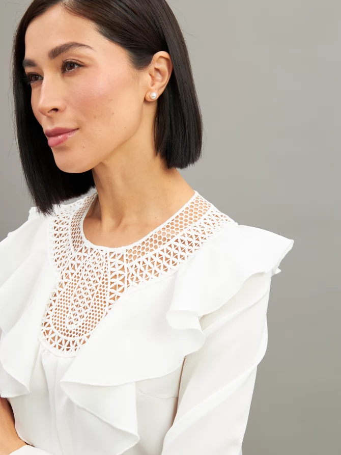 Блузка со вставкой из кружева и рюшей OD-1000-1 белый