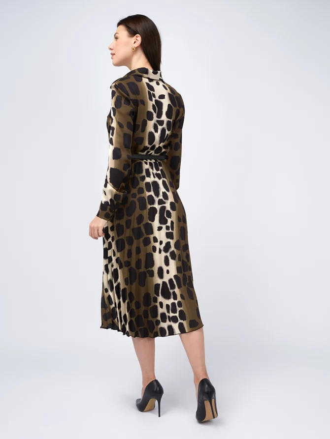 Платье с юбкой плиссе OD-883-1 леопард коричневый с хаки