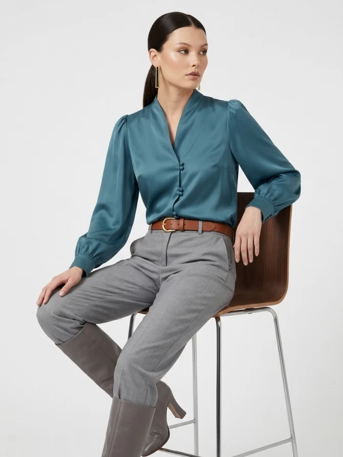 Блуза с вырезом сине-зеленая