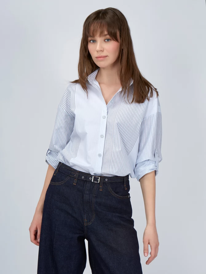 Рубашка полосатая хлопковая серо-голубая