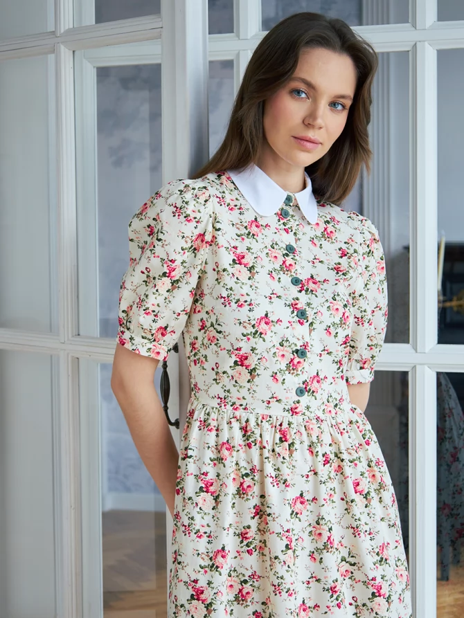 Платье хлопок OD-790-6 молочный мелкий цветок