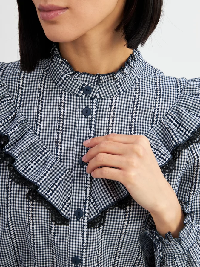 Блузка из хлопка с кружевом OD-896-2 сине- белая мелкая клетка