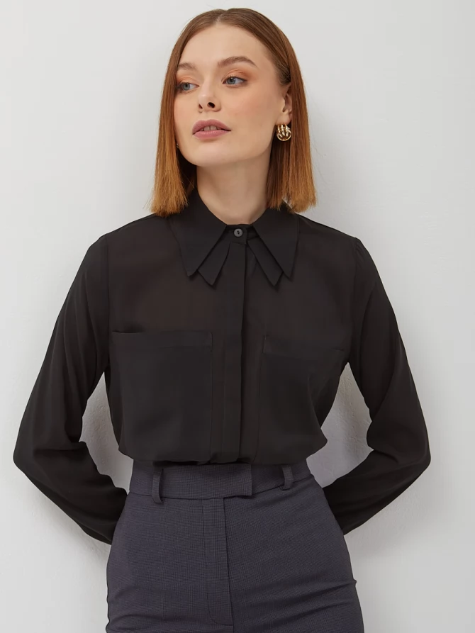 Блузка из шифона с двойным воротником OD-805-1 черный