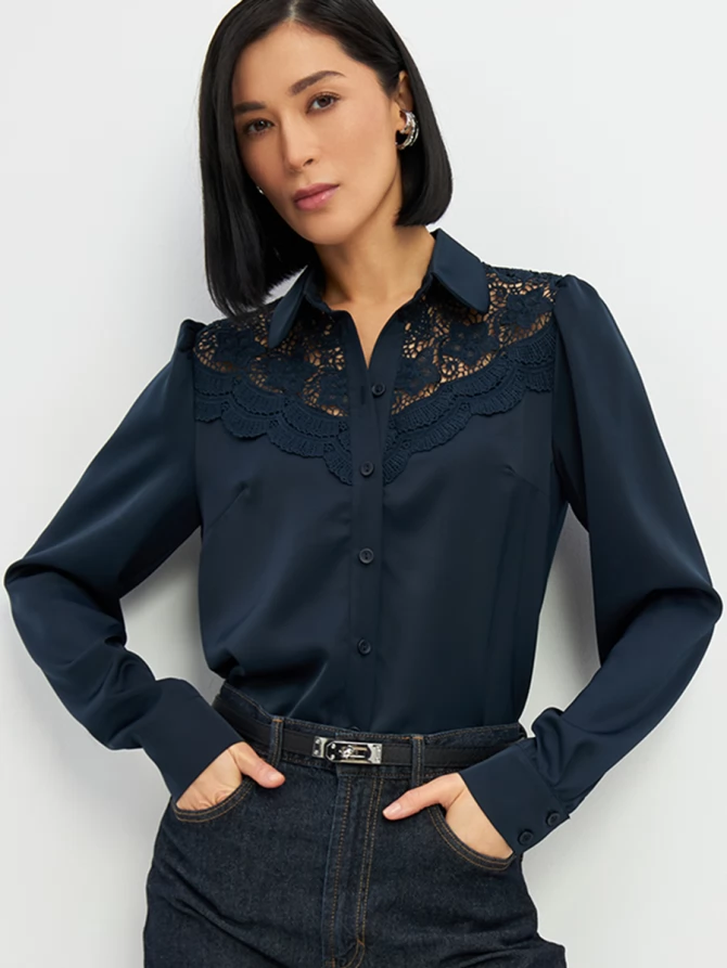 Блузка с кружевом на полочке OD-892-2 т.синий
