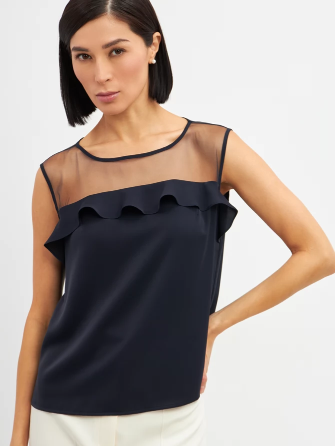 Блузка без рукавов с сеткой и воланом OD-992-2 т. синий