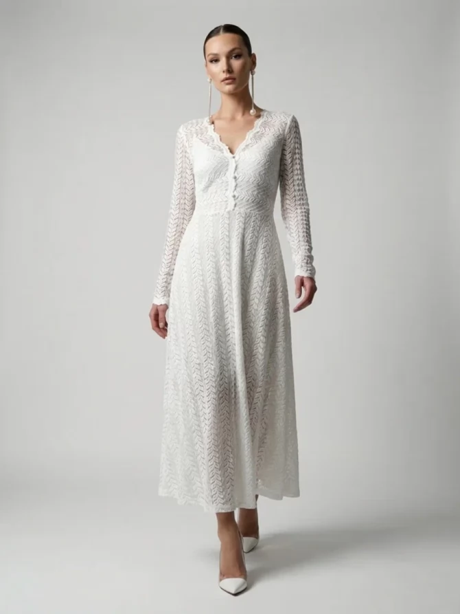 Платье из трикотажного кружева на подкладке с V-образным вырезом, белое OD-1017-2