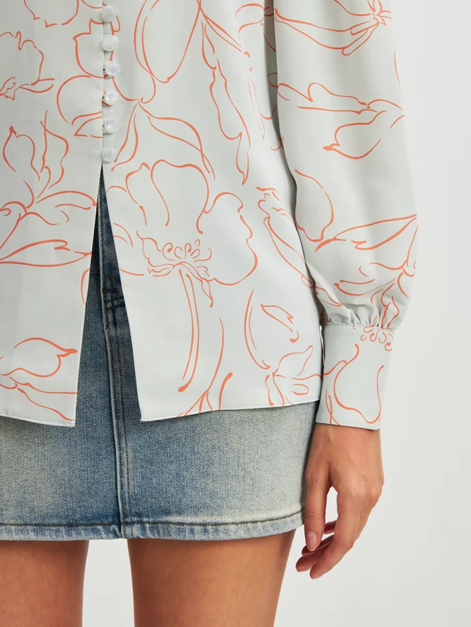 Блузка с принтом OD-639-26 голубая оранжевый цветок