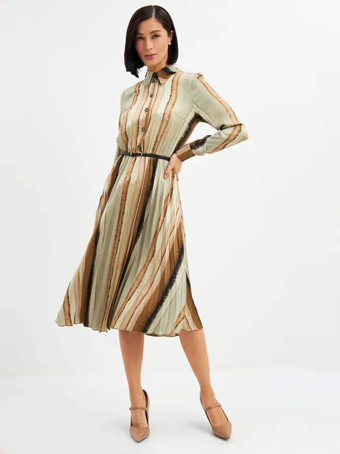 Платье с юбкой плиссе OD-883-2 коричневая с серой полосой