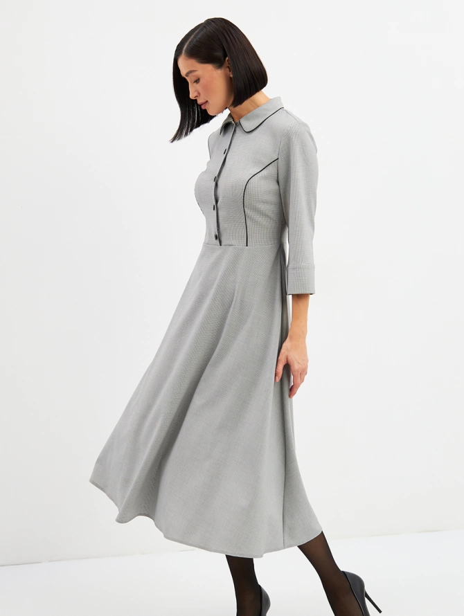 Платье с кантом в черно-белую мелкую клетку