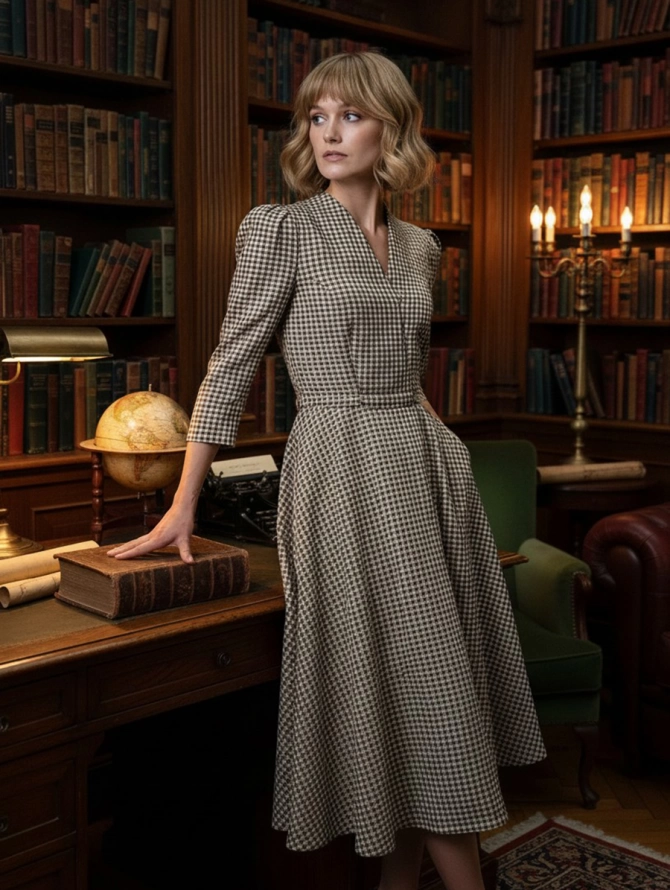 Платье с воротником стойка  OD-885-2 клетка сливочно-коричневая