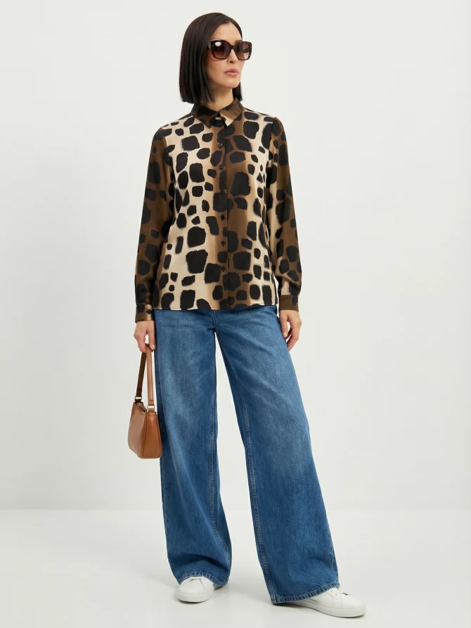 Блузка из атласной ткани OD-887-5 леопард коричневый с хаки
