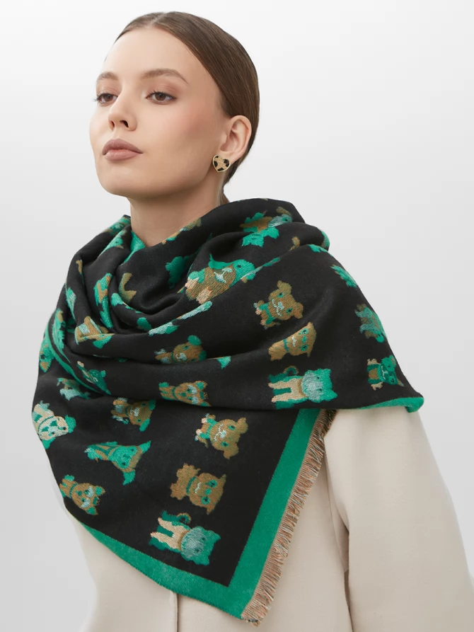 Палантин женский двусторонний с принтом собаки и бахромой