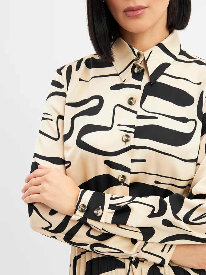 Платье с юбкой плиссе OD-883-3 бежевый с черными разводами