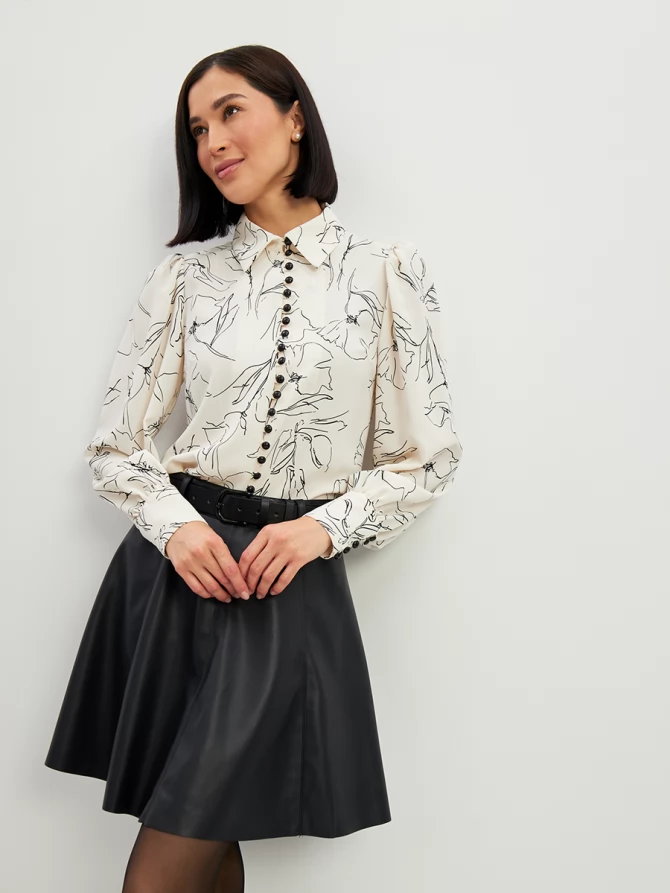 Блузка с принтом OD-639-29 белая черный цветок