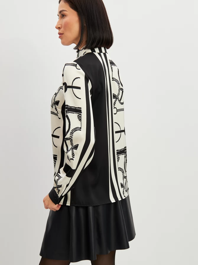 Блузка из атласной ткани  OD-887-1 черно-белая