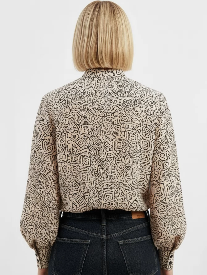 Блузка с отлетными рюшами OD-914-5 бежевый с черным